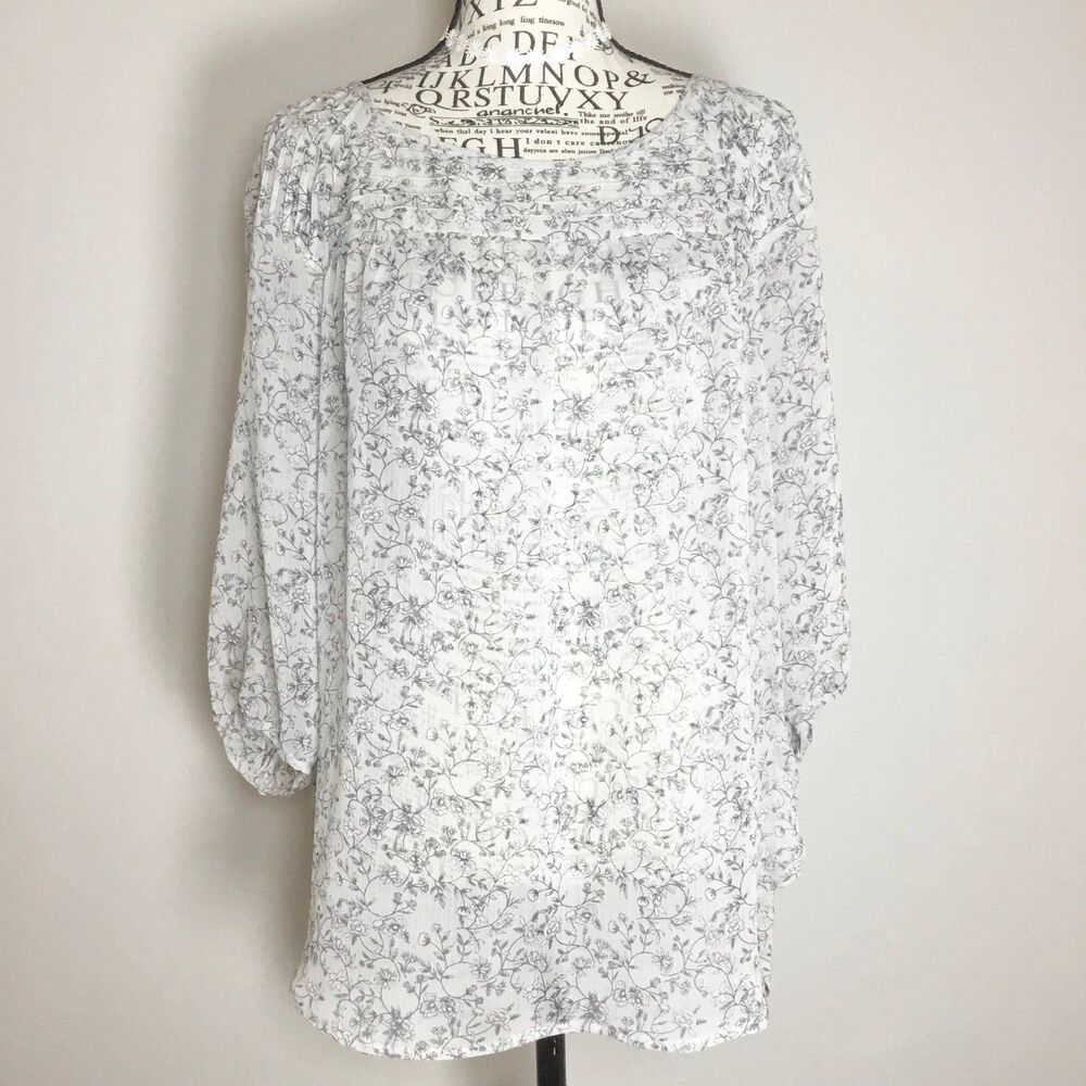 Lauren Conrad floaty sheer blouse pullover cream grey white delicate floral M
